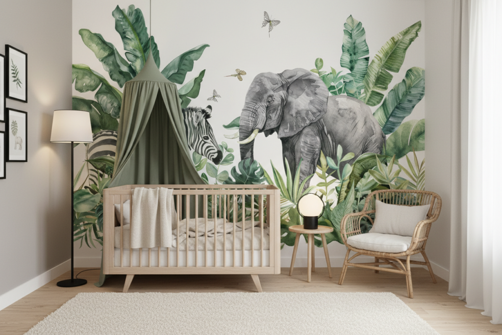 Papier Peint Safari Tropical Éléphant Zèbre Jungle Exotique Aquarelle - Chambre enfant