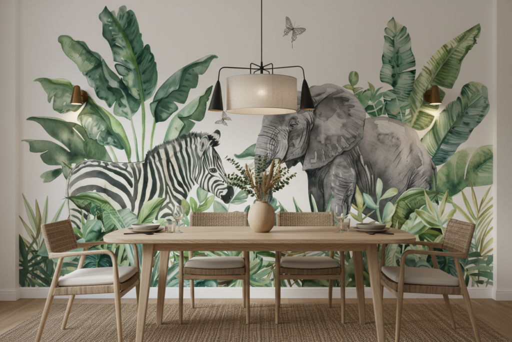 Papier Peint Safari Tropical Éléphant Zèbre Jungle Exotique Aquarelle - Salle à manger