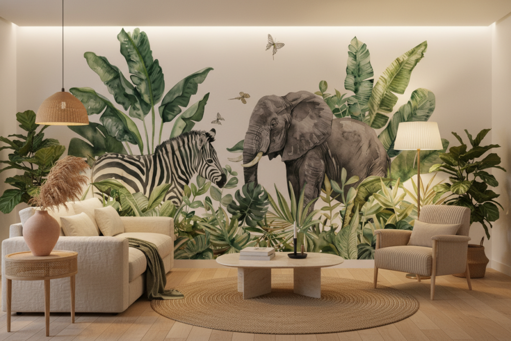 Papier Peint Safari Tropical Éléphant Zèbre Jungle Exotique Aquarelle - Salon / Séjour