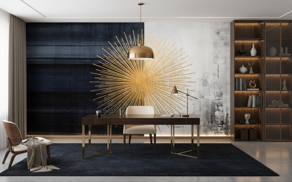 Papier Peint Soleil Doré Art Déco sur Fond Texturé Bicolore - Bureau