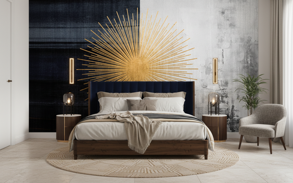 Papier Peint Soleil Doré Art Déco sur Fond Texturé Bicolore - Chambre adulte