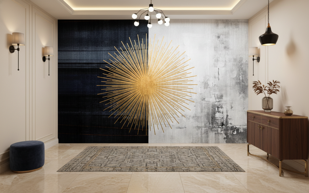 Papier Peint Soleil Doré Art Déco sur Fond Texturé Bicolore - Entrée