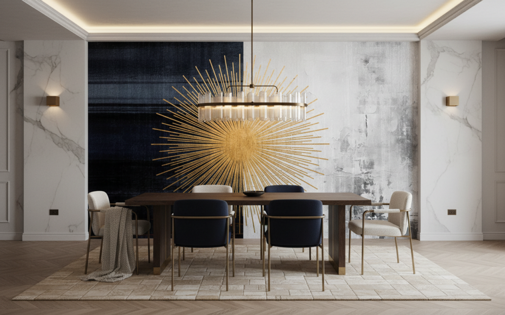 Papier Peint Soleil Doré Art Déco sur Fond Texturé Bicolore - Salle à manger