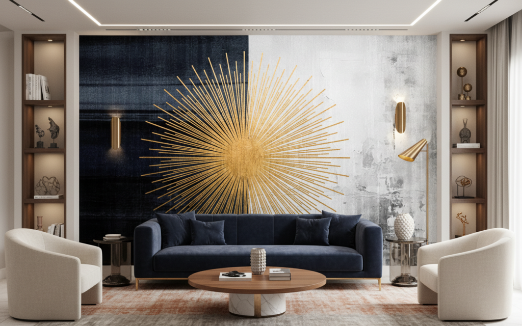 Papier Peint Soleil Doré Art Déco sur Fond Texturé Bicolore - Salon / Séjour