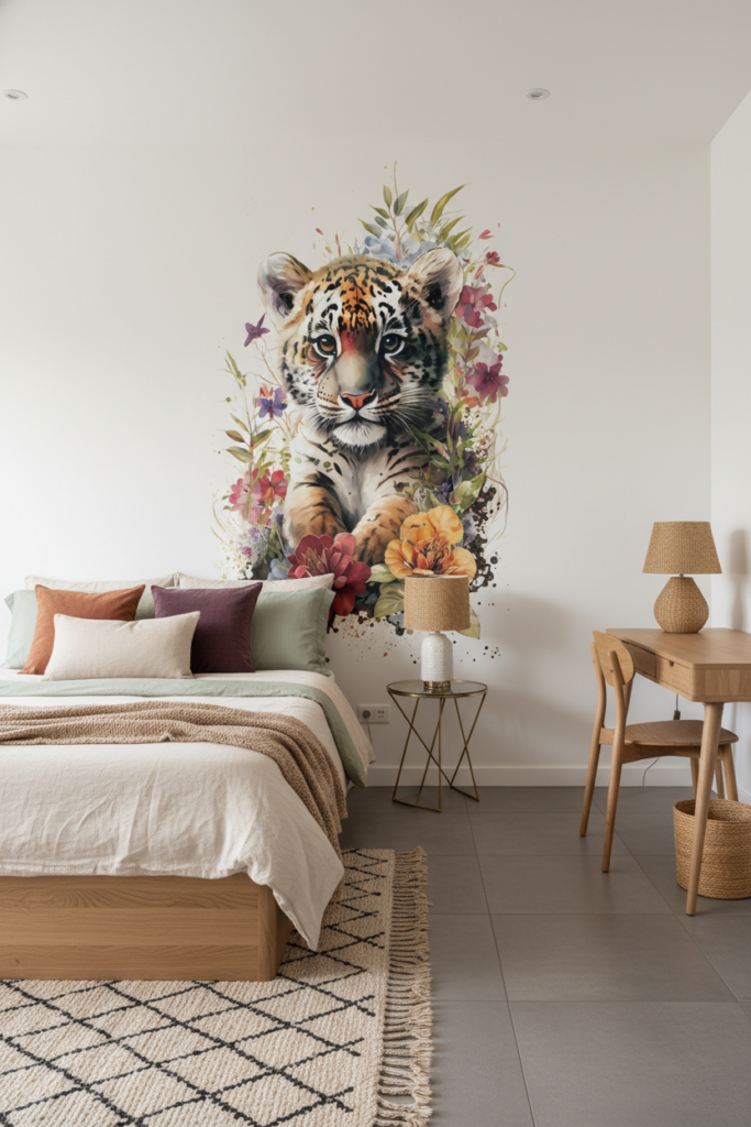 Papier Peint Tigre Aquarelle avec Couronne Florale Colorée - Chambre ado