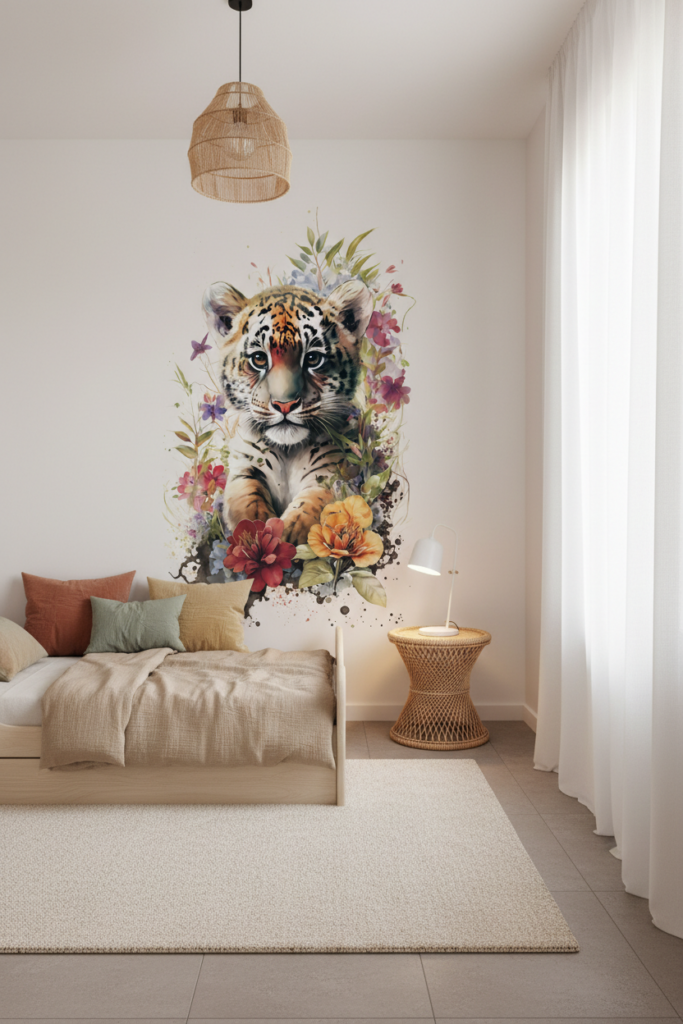 Papier Peint Tigre Aquarelle avec Couronne Florale Colorée - Chambre enfant