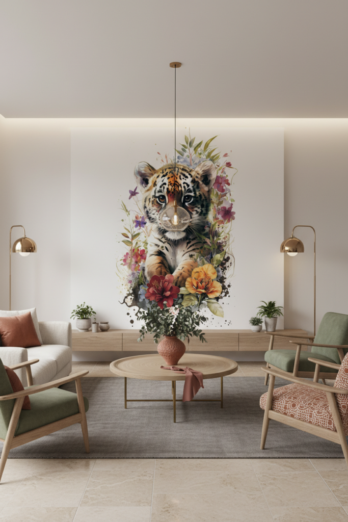 Papier Peint Tigre Aquarelle avec Couronne Florale Colorée - Salon / Séjour