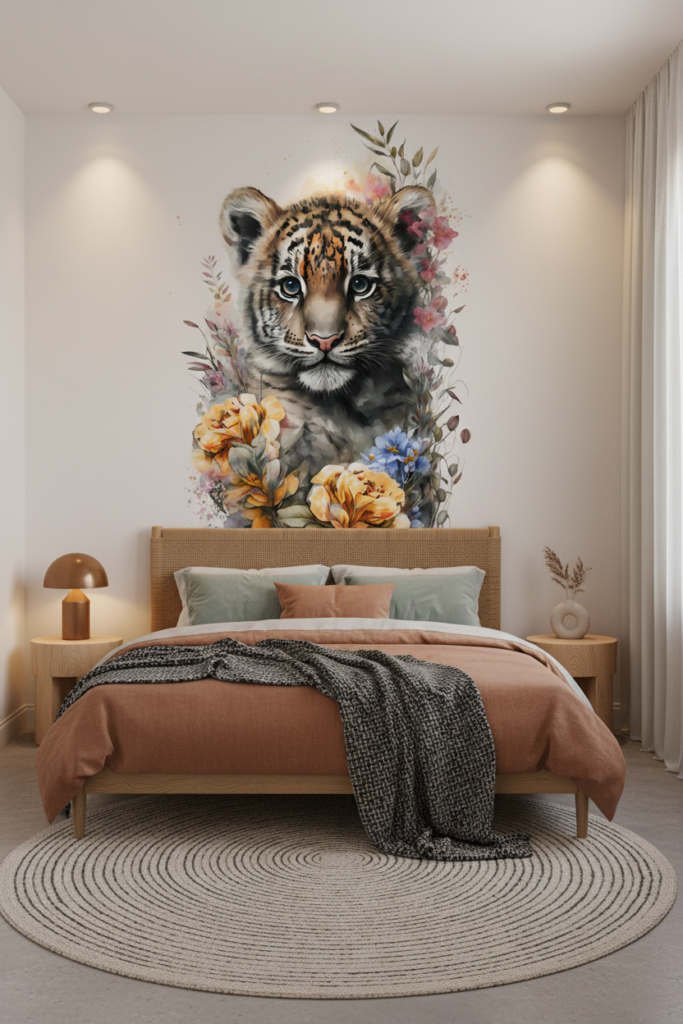 Papier peint tigre bébé aquarelle avec fleurs délicates bohème - Chambre adulte
