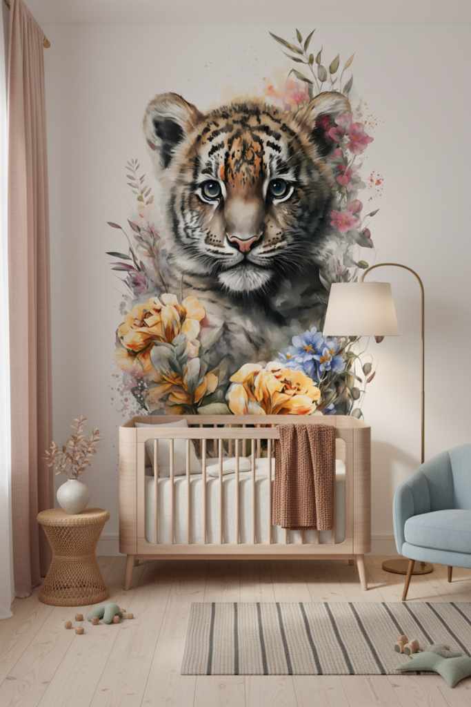 Papier peint tigre bébé aquarelle avec fleurs délicates bohème - Chambre bébé