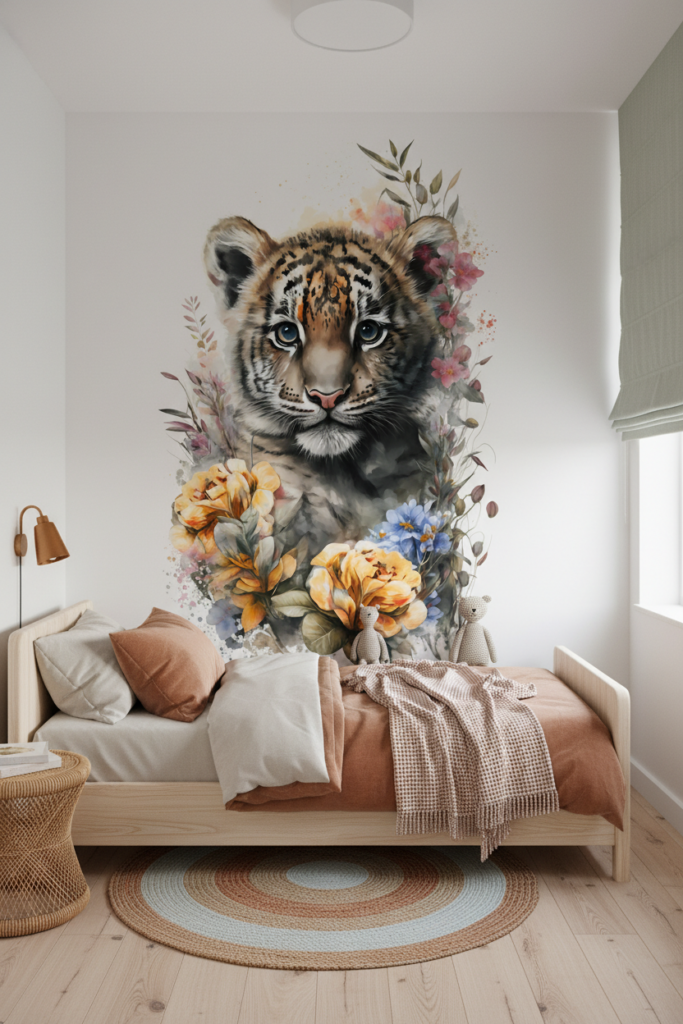 Papier peint tigre bébé aquarelle avec fleurs délicates bohème - Chambre enfant