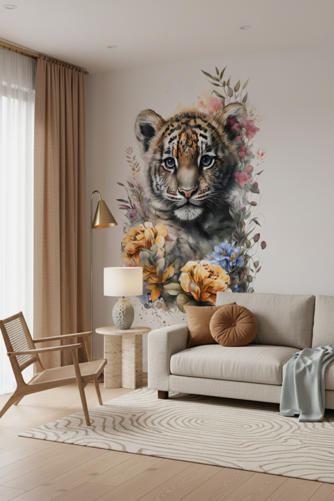 Papier peint tigre bébé aquarelle avec fleurs délicates bohème - Salon / Séjour