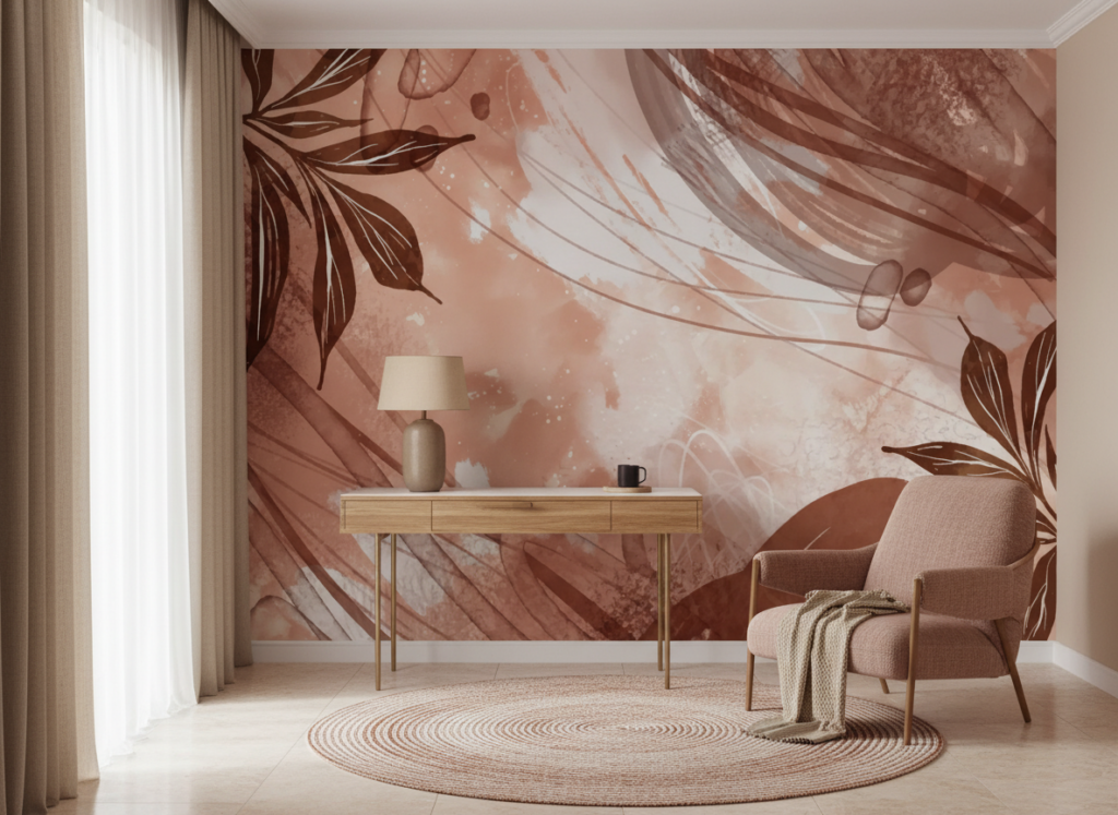 Papier peint tropical bohème aux tons terracotta et feuillages dorés - Bureau