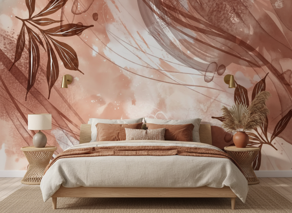 Papier peint tropical bohème aux tons terracotta et feuillages dorés - Chambre adulte