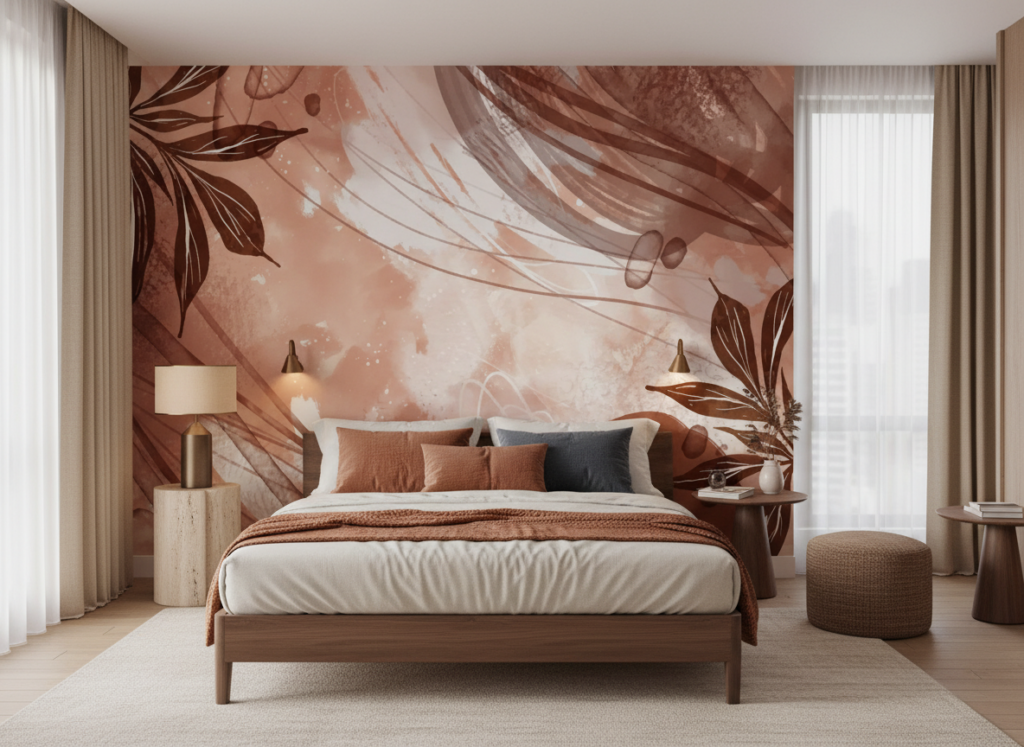 Papier peint tropical bohème aux tons terracotta et feuillages dorés - Hôtel