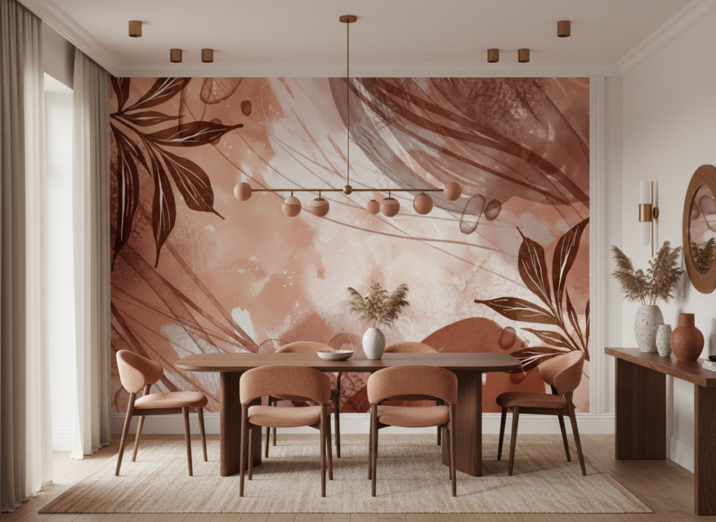 Papier peint tropical bohème aux tons terracotta et feuillages dorés - Salle à manger