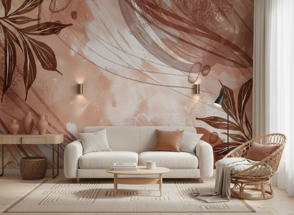 Papier peint tropical bohème aux tons terracotta et feuillages dorés - Salon / Séjour