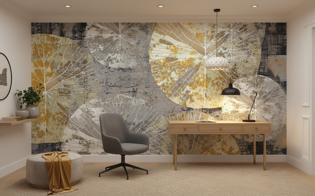 Papier Peint Tropical Doré Feuilles Palmier Vintage Texturé - Bureau