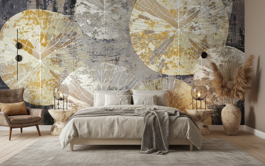 Papier Peint Tropical Doré Feuilles Palmier Vintage Texturé - Chambre adulte