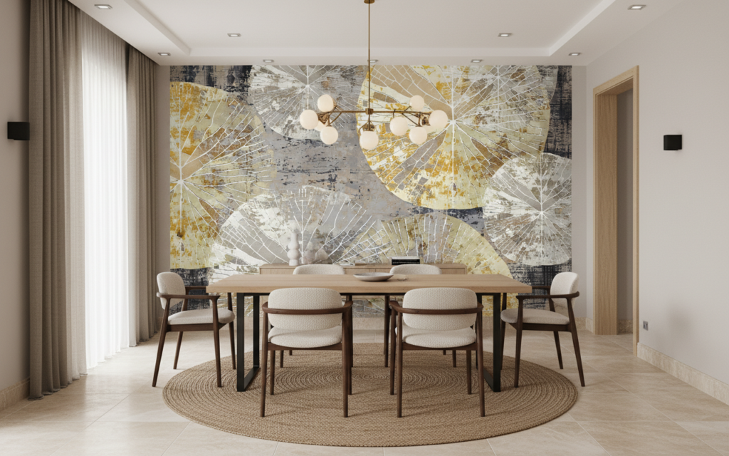 Papier Peint Tropical Doré Feuilles Palmier Vintage Texturé - Salle à manger