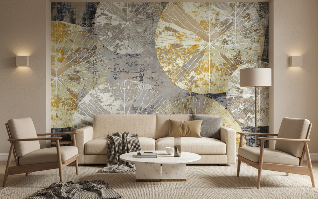 Papier Peint Tropical Doré Feuilles Palmier Vintage Texturé - Salon / Séjour