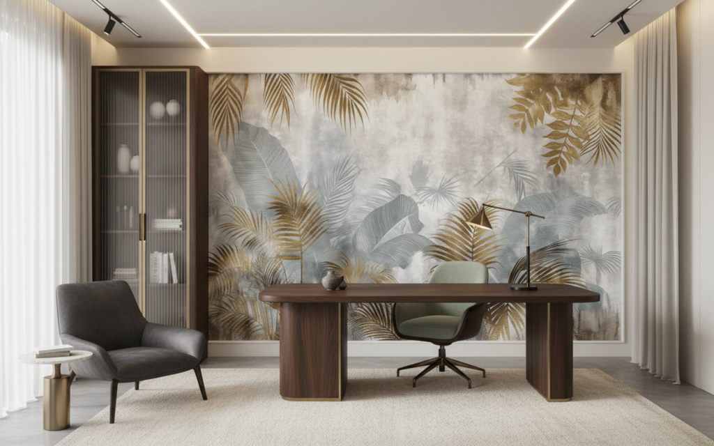 Papier peint tropical élégant feuillages dorés et gris nuagé - Bureau