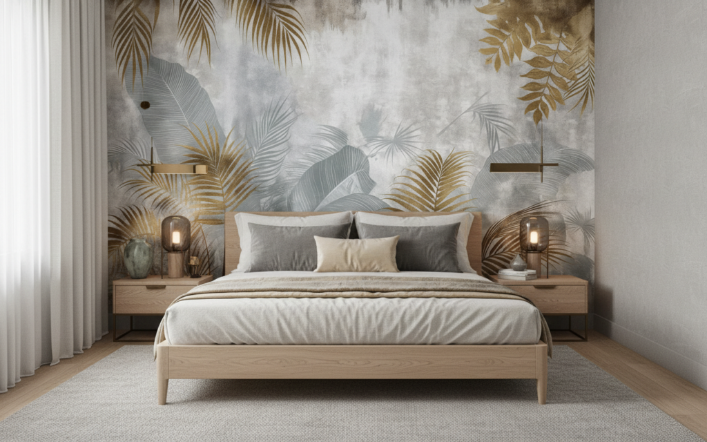 Papier peint tropical élégant feuillages dorés et gris nuagé - Chambre adulte