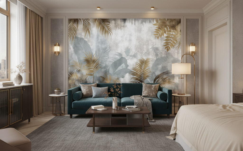 Papier peint tropical élégant feuillages dorés et gris nuagé - Hôtel