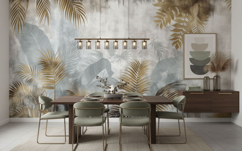 Papier peint tropical élégant feuillages dorés et gris nuagé - Salle à manger