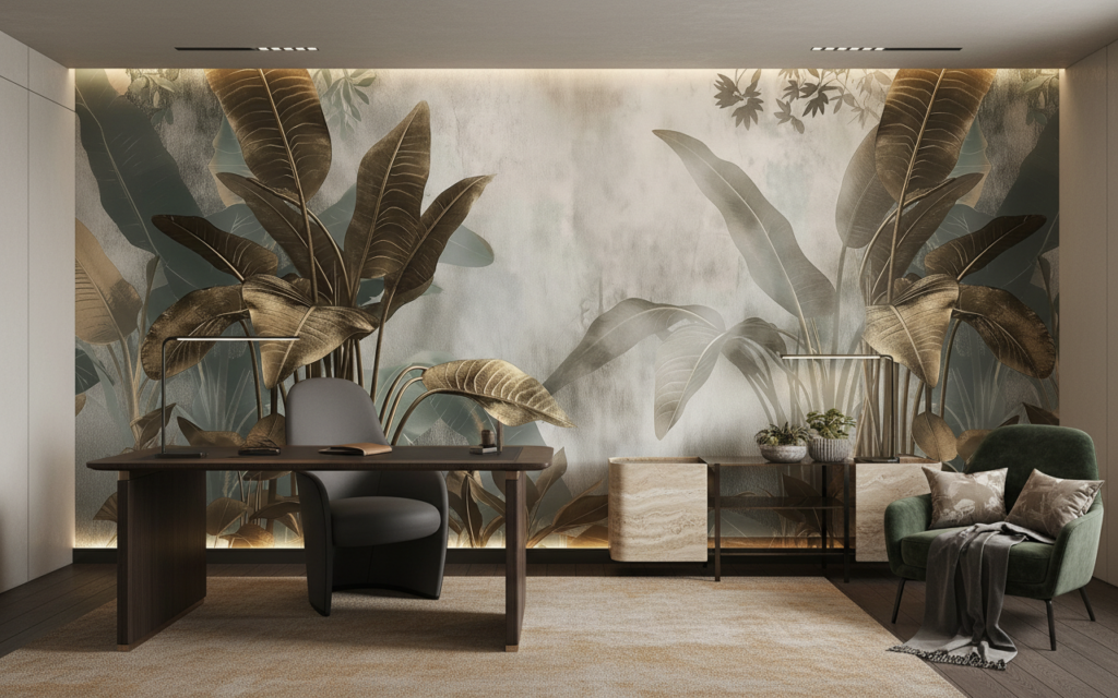 Papier peint tropical luxueux aux feuilles dorées et beiges - Bureau