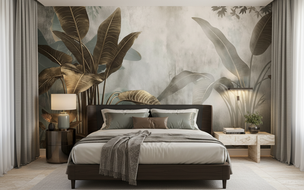 Papier peint tropical luxueux aux feuilles dorées et beiges - Chambre adulte