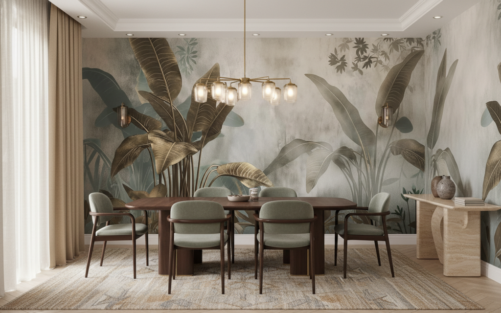 Papier peint tropical luxueux aux feuilles dorées et beiges - Salle à manger