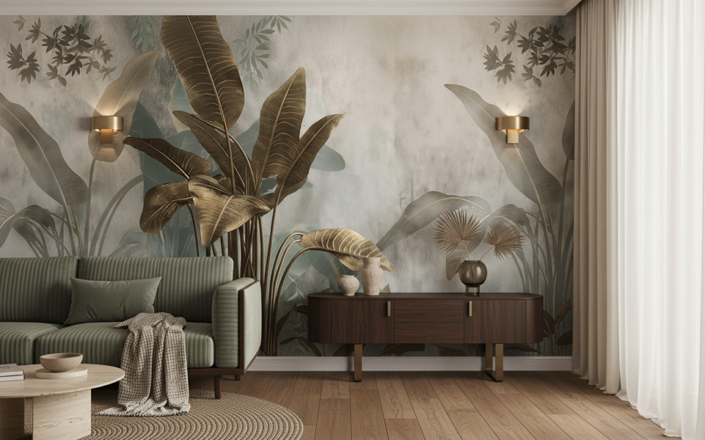 Papier peint tropical luxueux aux feuilles dorées et beiges - Salon / Séjour