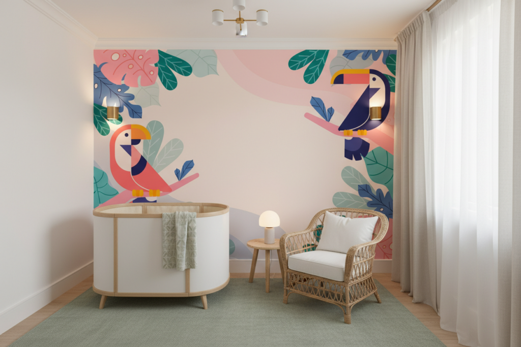 Papier peint tropical moderne avec toucans colorés et feuillage exotique - Chambre bébé