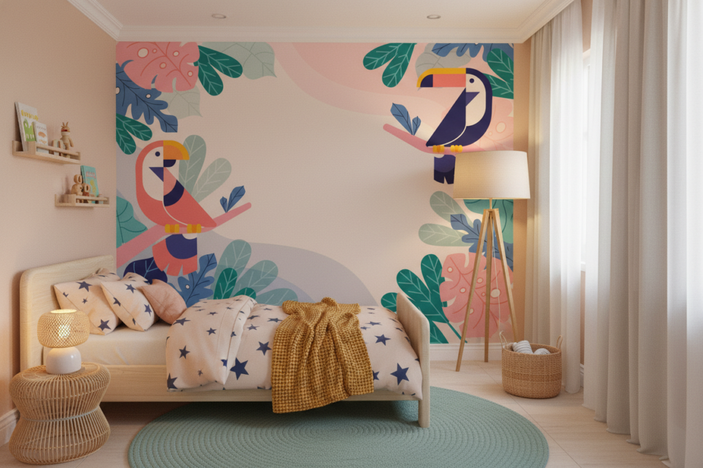 Papier peint tropical moderne avec toucans colorés et feuillage exotique - Chambre enfant