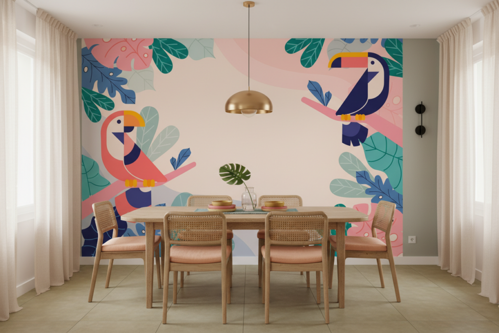 Papier peint tropical moderne avec toucans colorés et feuillage exotique - Salle à manger