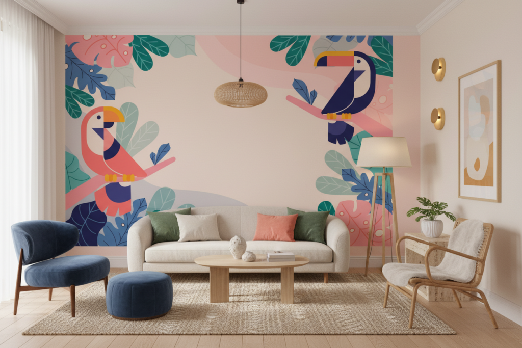 Papier peint tropical moderne avec toucans colorés et feuillage exotique - Salon / Séjour