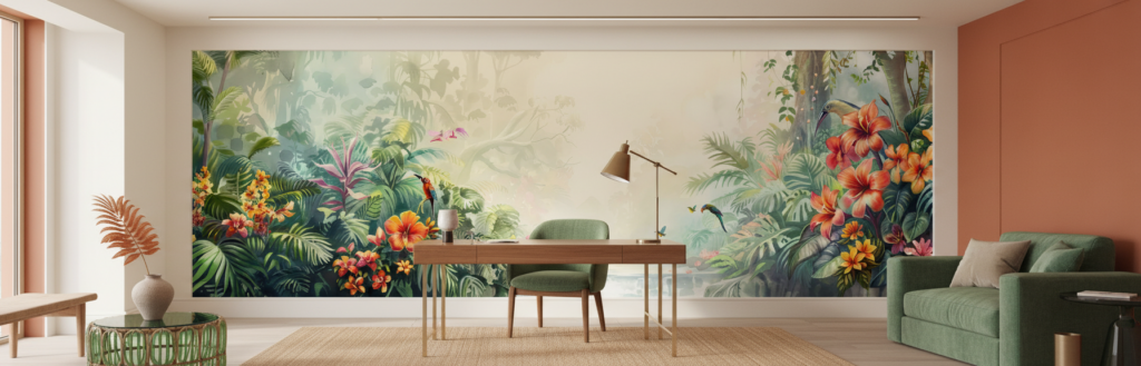 Papier Peint Tropical Paradis Jungle Luxuriante Oiseaux Exotiques Hibiscus - Bureau