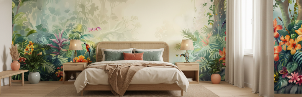 Papier Peint Tropical Paradis Jungle Luxuriante Oiseaux Exotiques Hibiscus - Chambre adulte