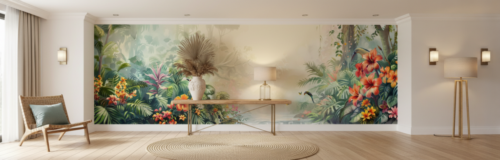 Papier Peint Tropical Paradis Jungle Luxuriante Oiseaux Exotiques Hibiscus - Entrée