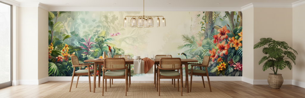 Papier Peint Tropical Paradis Jungle Luxuriante Oiseaux Exotiques Hibiscus - Salle à manger