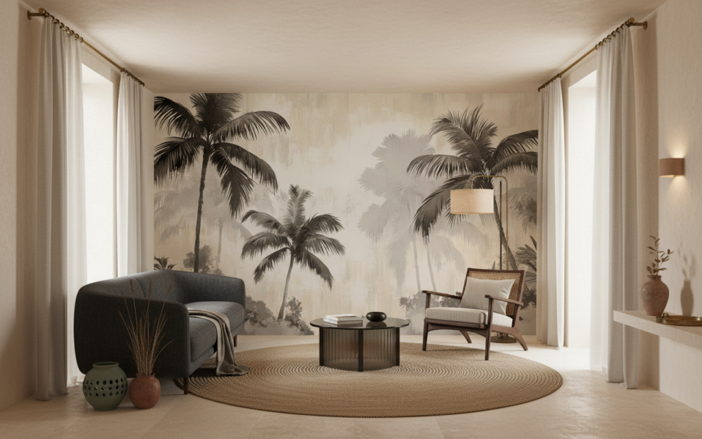 Papier peint tropical vintage palmiers sépia ambiance exotique - Salon / Séjour