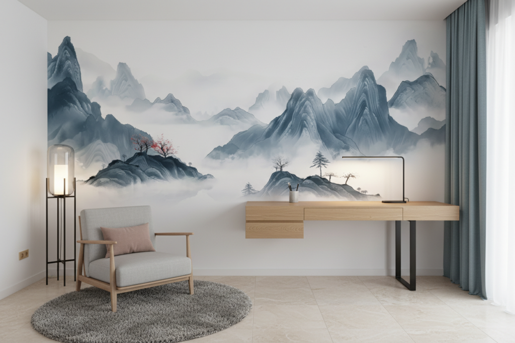 Paysage Montagneux Asiatique avec Brumes et Cerisier en Fleurs - Bureau