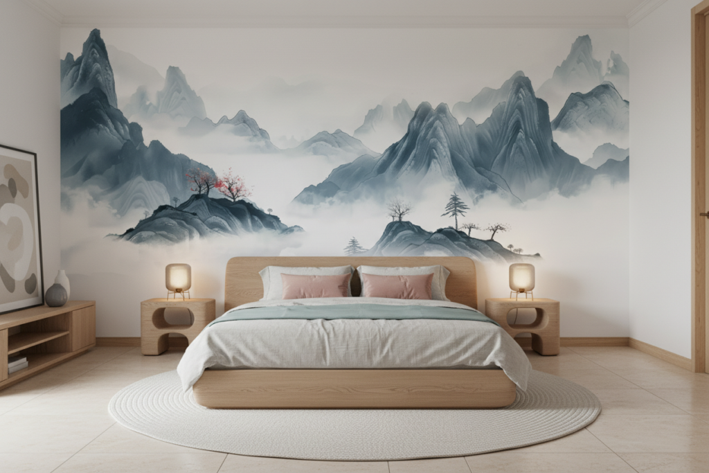 Paysage Montagneux Asiatique avec Brumes et Cerisier en Fleurs - Chambre adulte