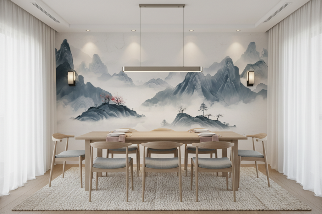 Paysage Montagneux Asiatique avec Brumes et Cerisier en Fleurs - Salle à manger