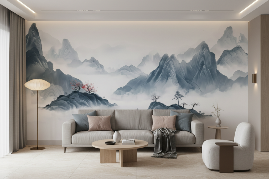 Paysage Montagneux Asiatique avec Brumes et Cerisier en Fleurs - Salon / Séjour