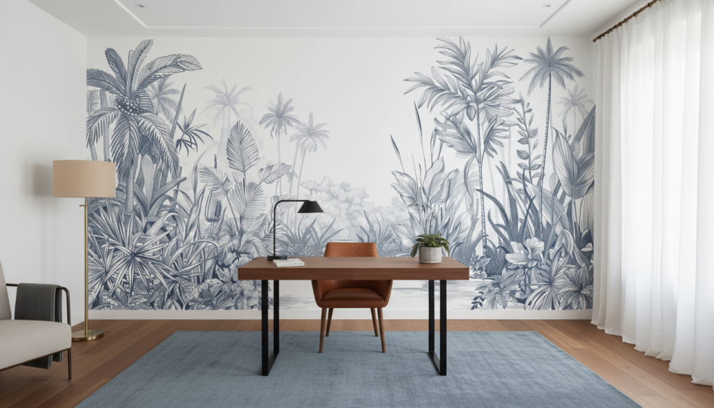 Paysage tropical vintage en gravure monochrome bleue et grise - Bureau