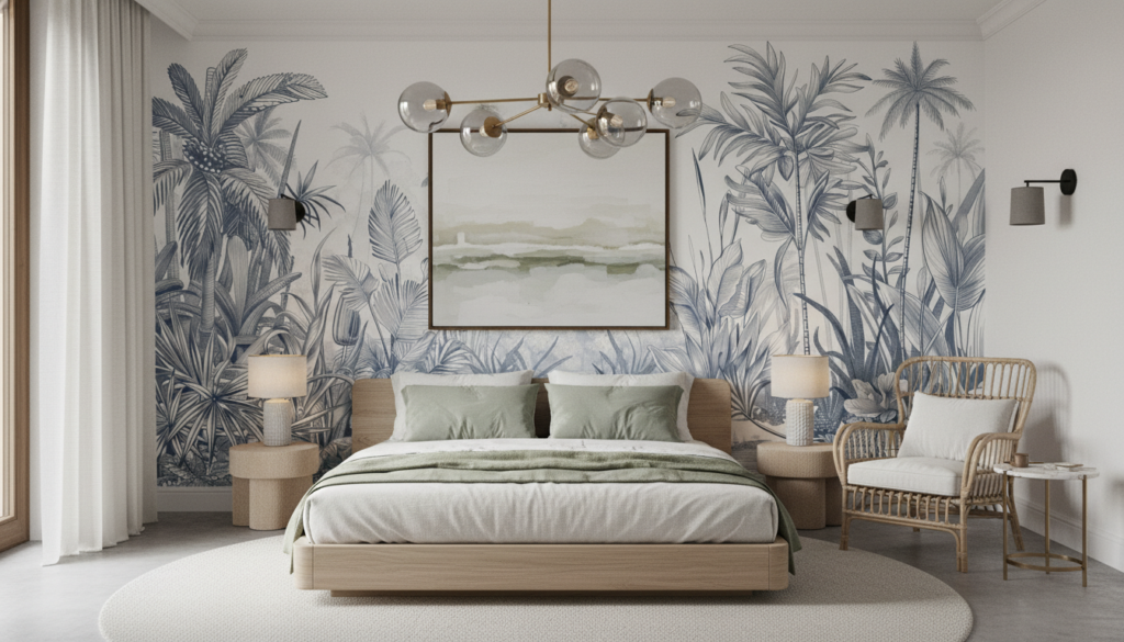 Paysage tropical vintage en gravure monochrome bleue et grise - Chambre adulte