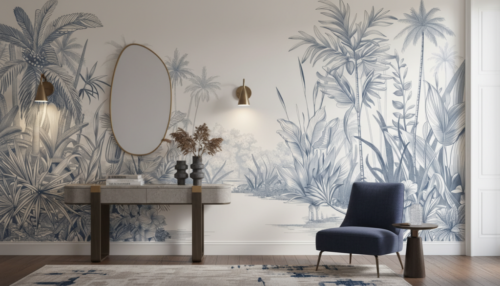 Paysage tropical vintage en gravure monochrome bleue et grise - Entrée