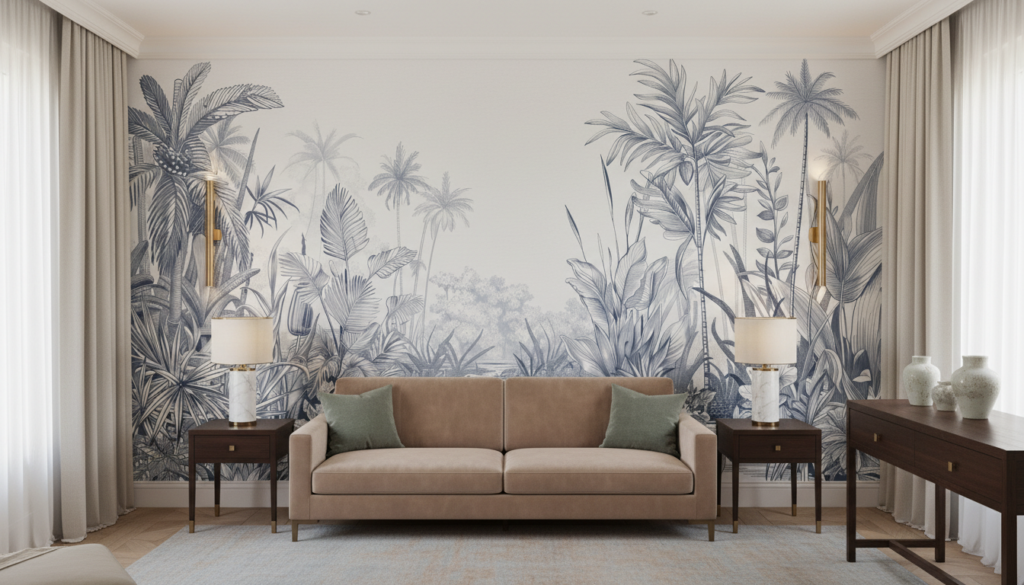 Paysage tropical vintage en gravure monochrome bleue et grise - Hôtel