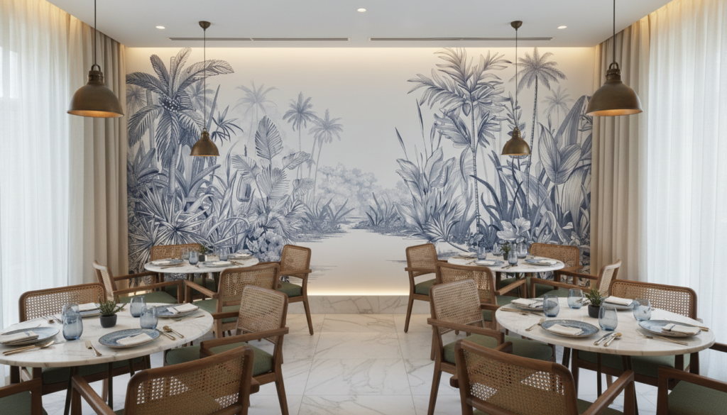 Paysage tropical vintage en gravure monochrome bleue et grise - Restaurant